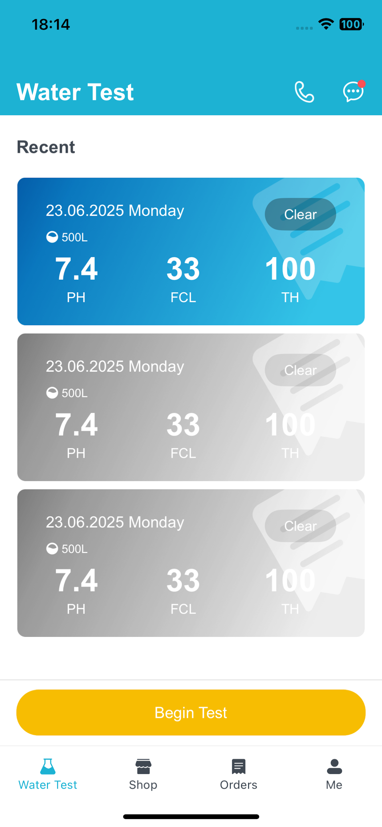 AquaCare water testing app on a phone