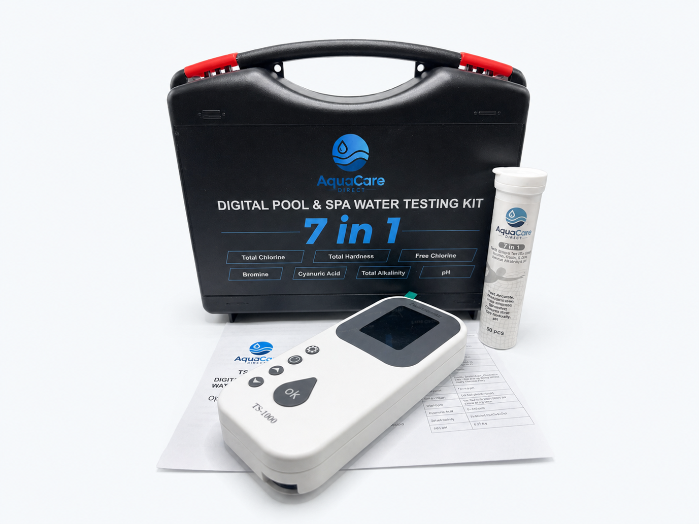 Portable AquaCare digital tester and test strips