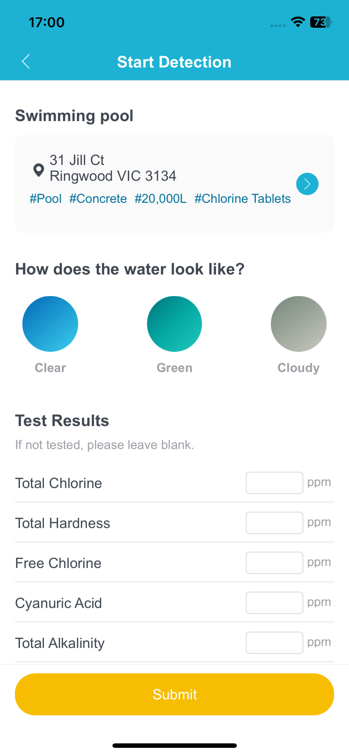 AquaCare start detection screen receiving scanned water test values